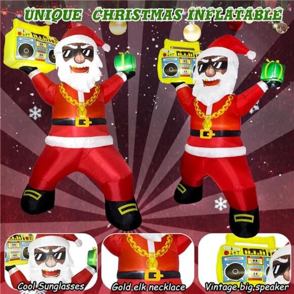 6FT Black Santa Blow up Yard Decoration with Gift Box and Speaker LED Lights - Picture 2 of 7